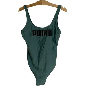 Puma Womens Logo One Piece Swimsuit Teal Green Scoop Back Athletic Swimwear